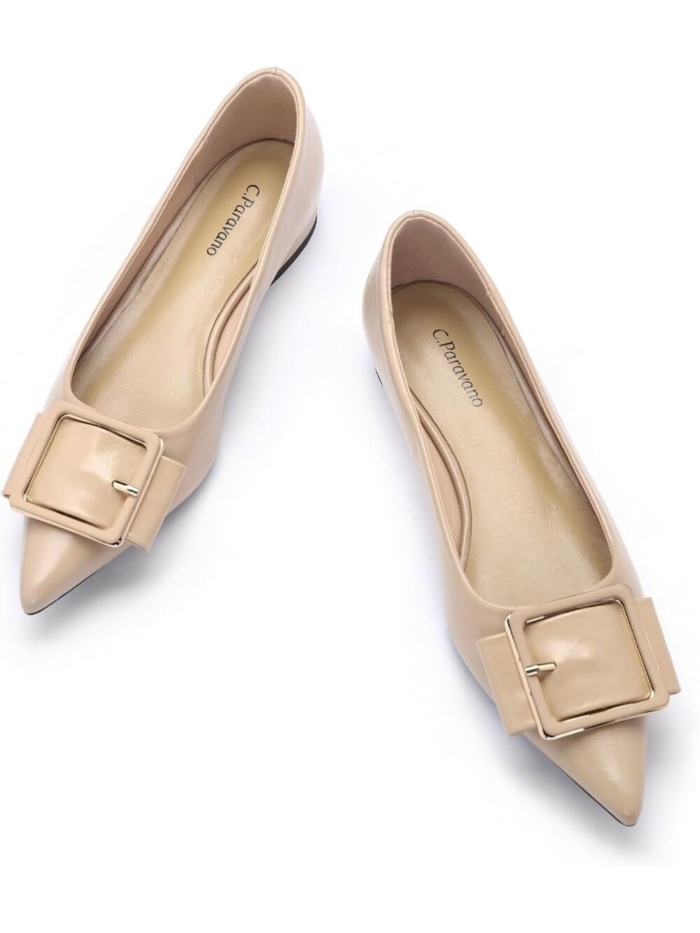 Women's Beige Pointed Toe Square Buckle Flats Elegant Leather Office Dress Shoes